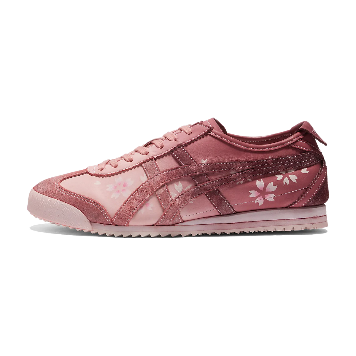 Onitsuka Tiger Mexico 66 NM Ginger Peach Dark Cherry, zijaanzicht met tweekleurig roze en bordeauxrood, strepen op de zijkant