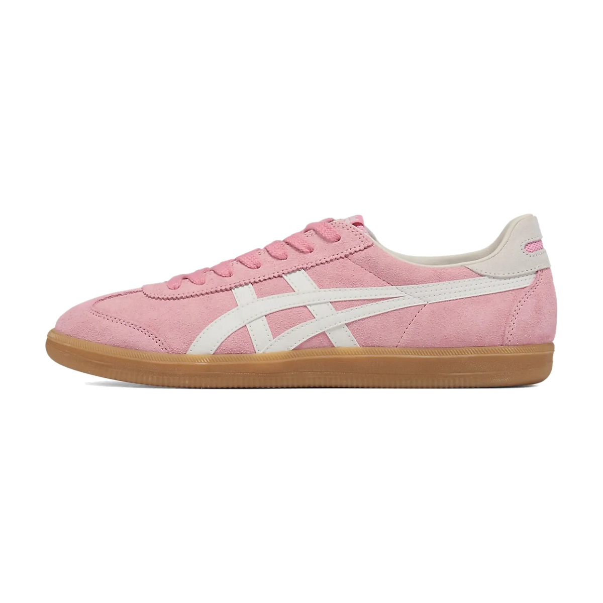 Onitsuka Tiger Tokuten Blossom Pink Off-White zijaanzicht, roze suède met witte strepen en gumzool