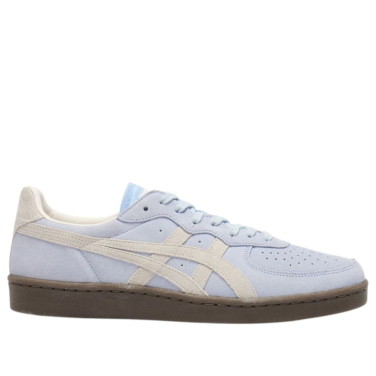 Onitsuka Tiger GSM Soft Sky White, zijaanzicht vanaf andere hoek toont blauwe tonguetab en contrasterende banda's