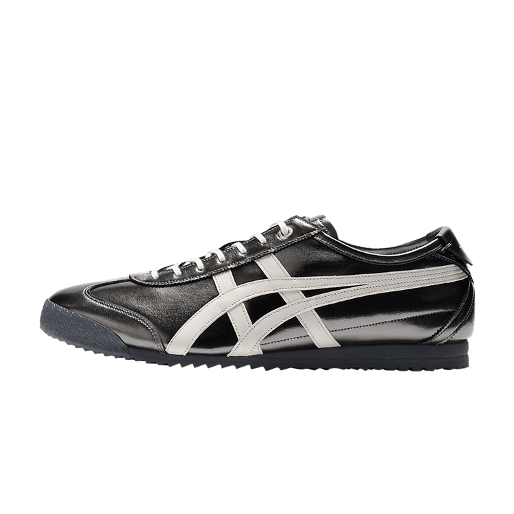 Onitsuka Tiger Mexico 66 SD Metallic Series Metropolis Cream, zijaanzicht met zwart lederen bovenwerk en witte strepen