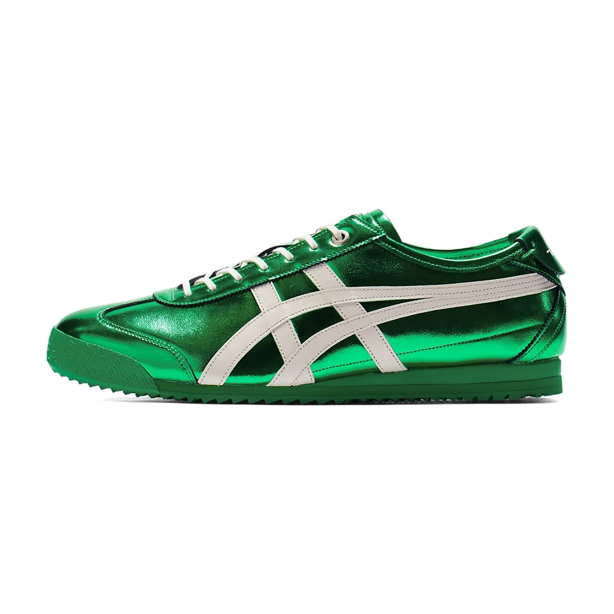 Onitsuka Tiger Mexico 66 SD Metallic Series Jade Cream zijaanzicht, metallisch groene upper met crème strepen