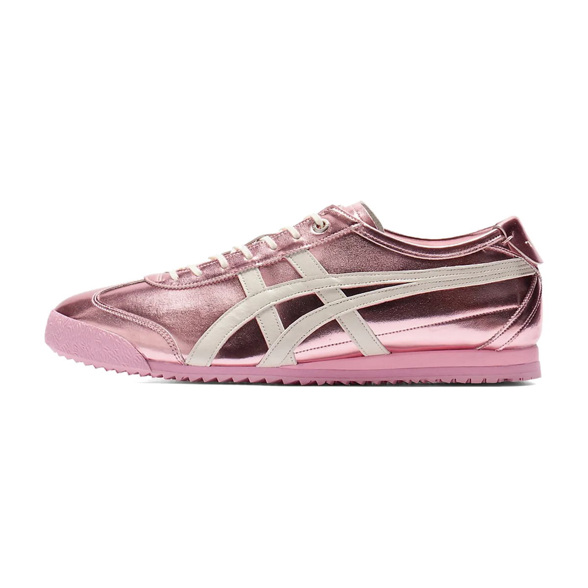 Onitsuka Tiger Mexico 66 SD Metallic Series Crystal Pink Cream, zijaanzicht met metallic roze lak, crème strepen en roze zool