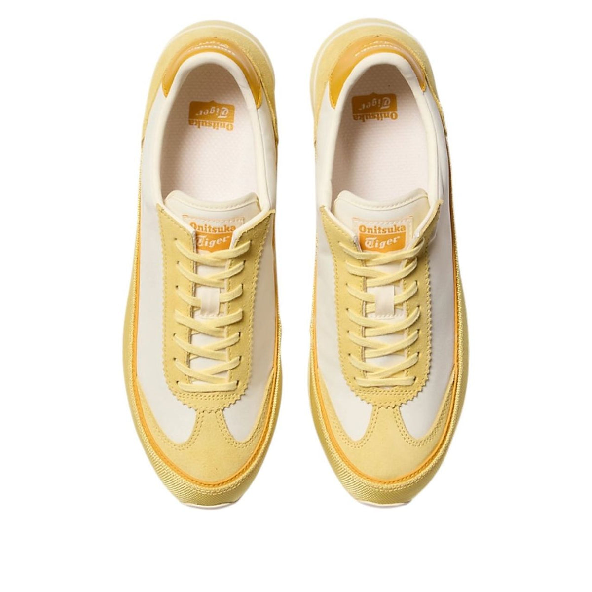Onitsuka Tiger HSINTI Ivory Faded Yellow, vooraanzicht paar met gele veters en kleurvlakken