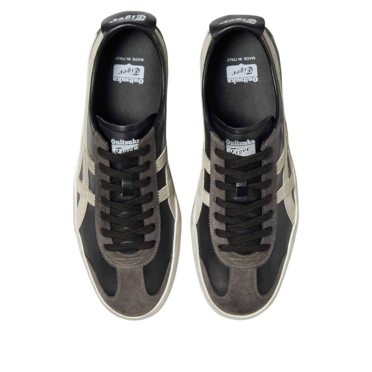 Onitsuka Tiger Mexico 66 Italian Made Black White, bovenaanzicht met suède en leren panelen, zwarte veters