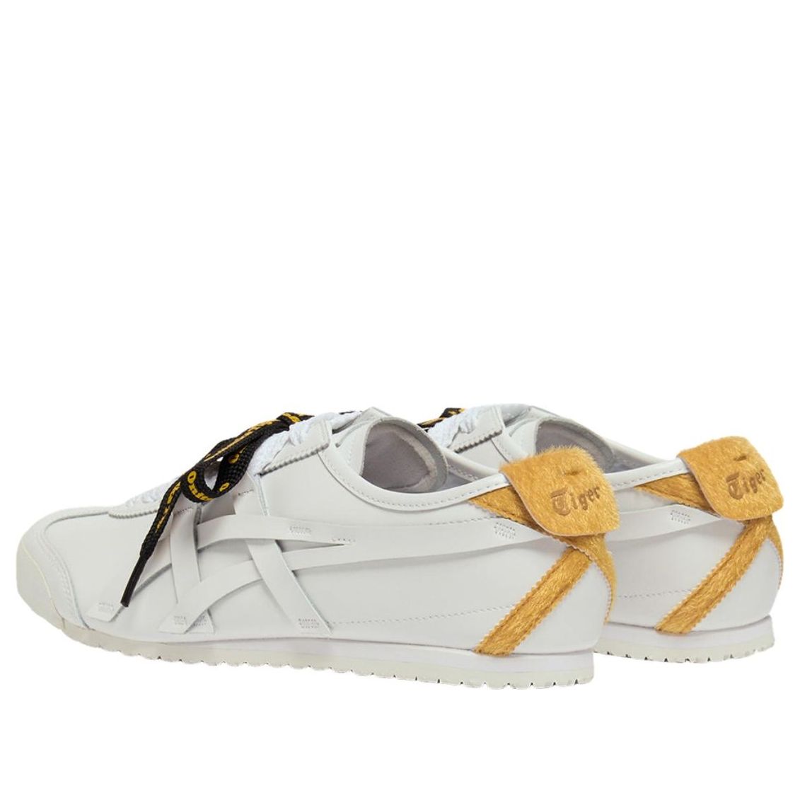 Onitsuka Tiger Mexico 66 New Year 2026 achteraanzicht, wit ontwerp met goudkleurige hieldetails en zwart-gele veters
