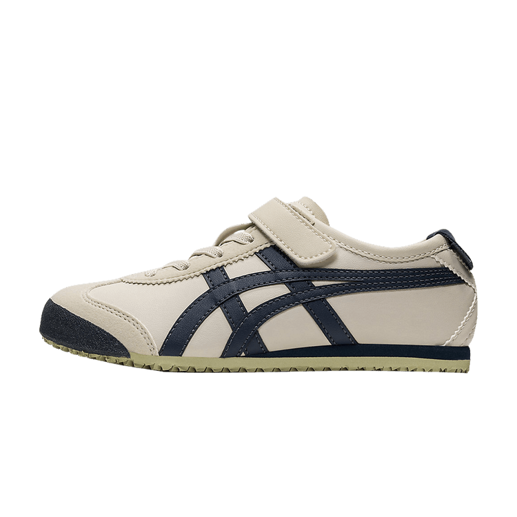 Onitsuka Tiger Mexico 66 Birch Indian Ink (PS) zijaanzicht, crème leder met donkerblauwe crossover strepen en gele zool