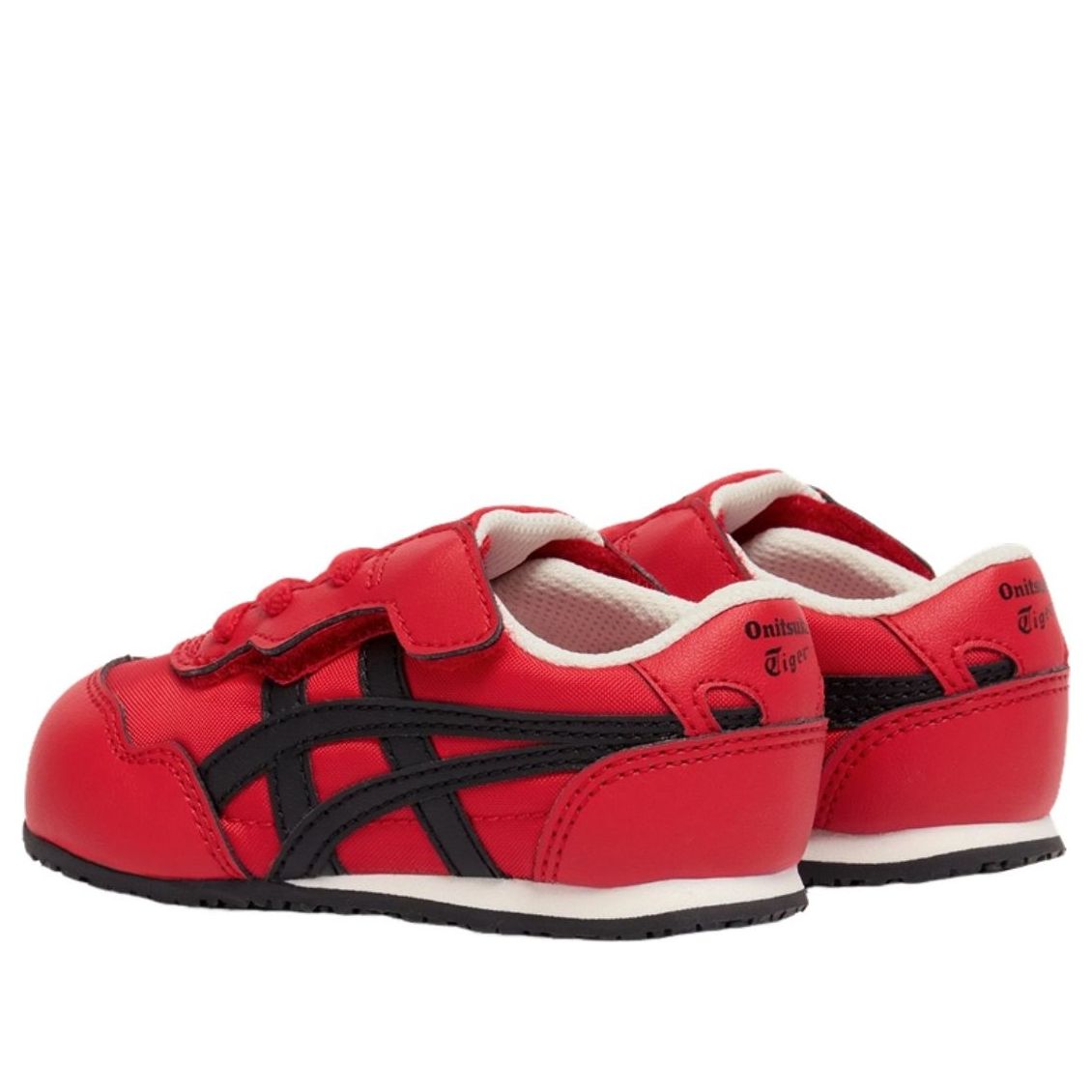 Onitsuka Tiger Serrano Classic Red Black (TD) achteraanzicht, rode bovenkant met zwarte asics strepen en bruine zool