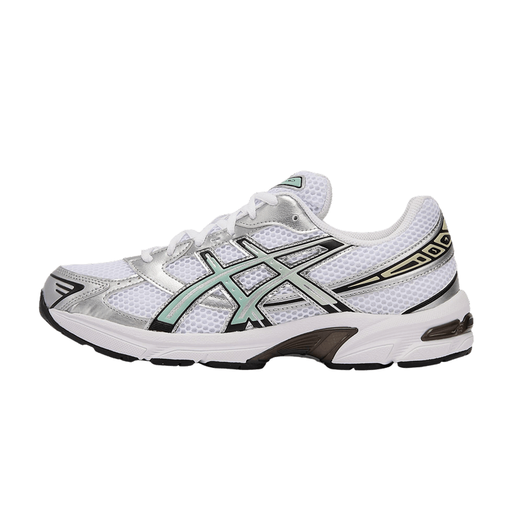 ASICS Gel 1130 'White Verdigris' zijaanzicht met wit mesh, groene en zwarte accenten, witte zool