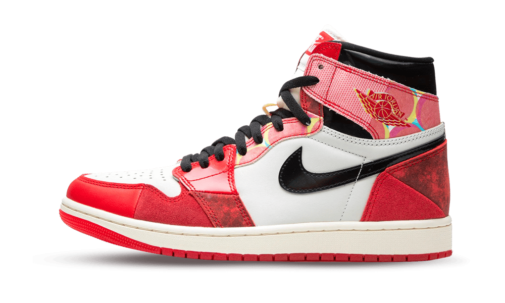 Nike Air Jordan 1 High OG Spider Man Across the Spider Verse sneaker featuring red, white, and black panels with distinctive Spider-Man themed design accents, showcasing exclusive trainers available in Europe. The real deal.
