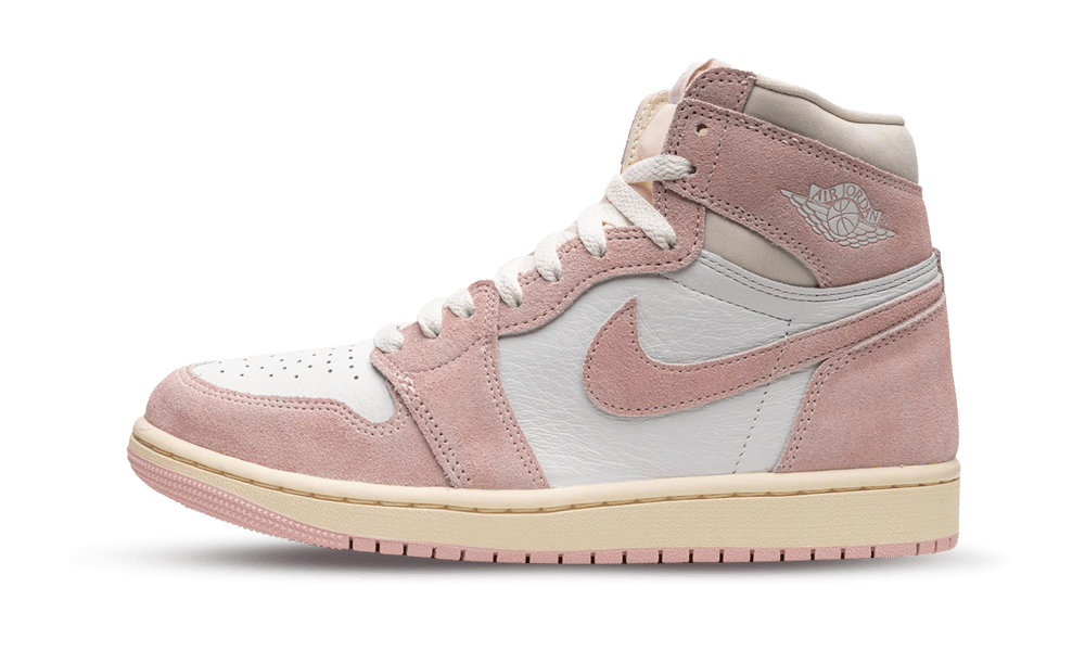 Side view of Nike Air Jordan 1 High Washed Pink sneaker featuring white leather and washed pink suede overlays, exclusive design with cream midsole, perfect for sneaker collectors across Europe.