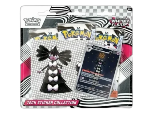 2025 Pokémon Scarlet & Violet White Flare Tech Sticker Collection Blister Pack, verpakking zwart-wit met roze accenten