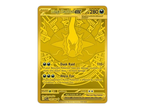 2026 Pokémon Mega Evolution Pitch Black Mega Darkrai ex Gold Card 120/084, gouden kaart, vooraanzicht