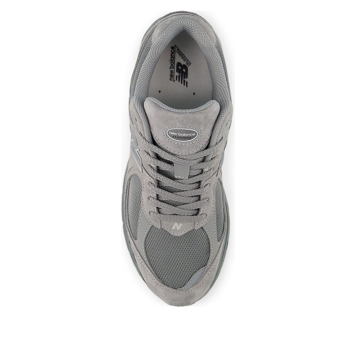 New Balance 2002R Slate Grey Dark Silver Metallic, bovenaanzicht met vetersluiting en merklogo's zichtbaar in voering