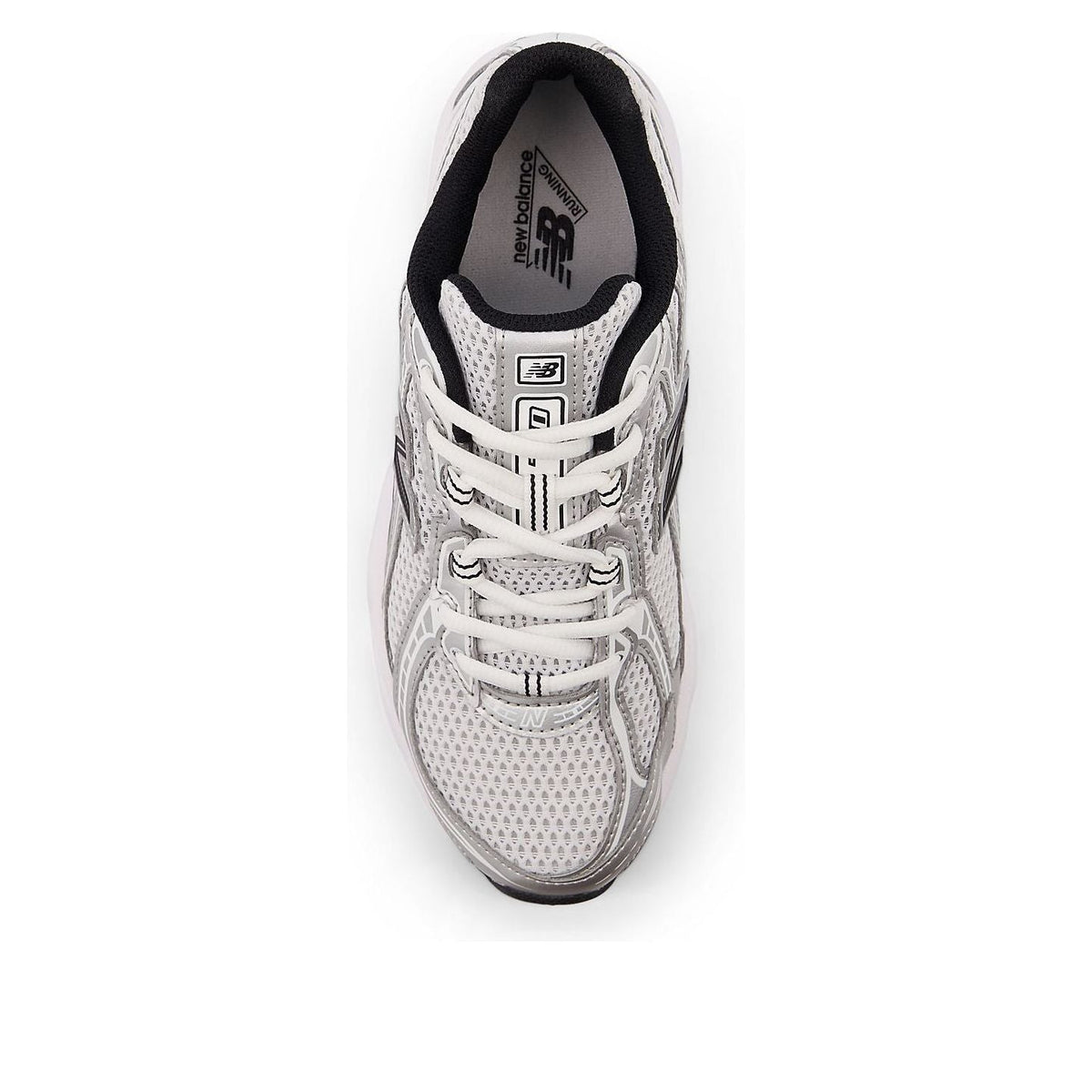New Balance 740 Grey Black (GS) bovenaanzicht met witte veters, zwarte voering en N-branding op tong