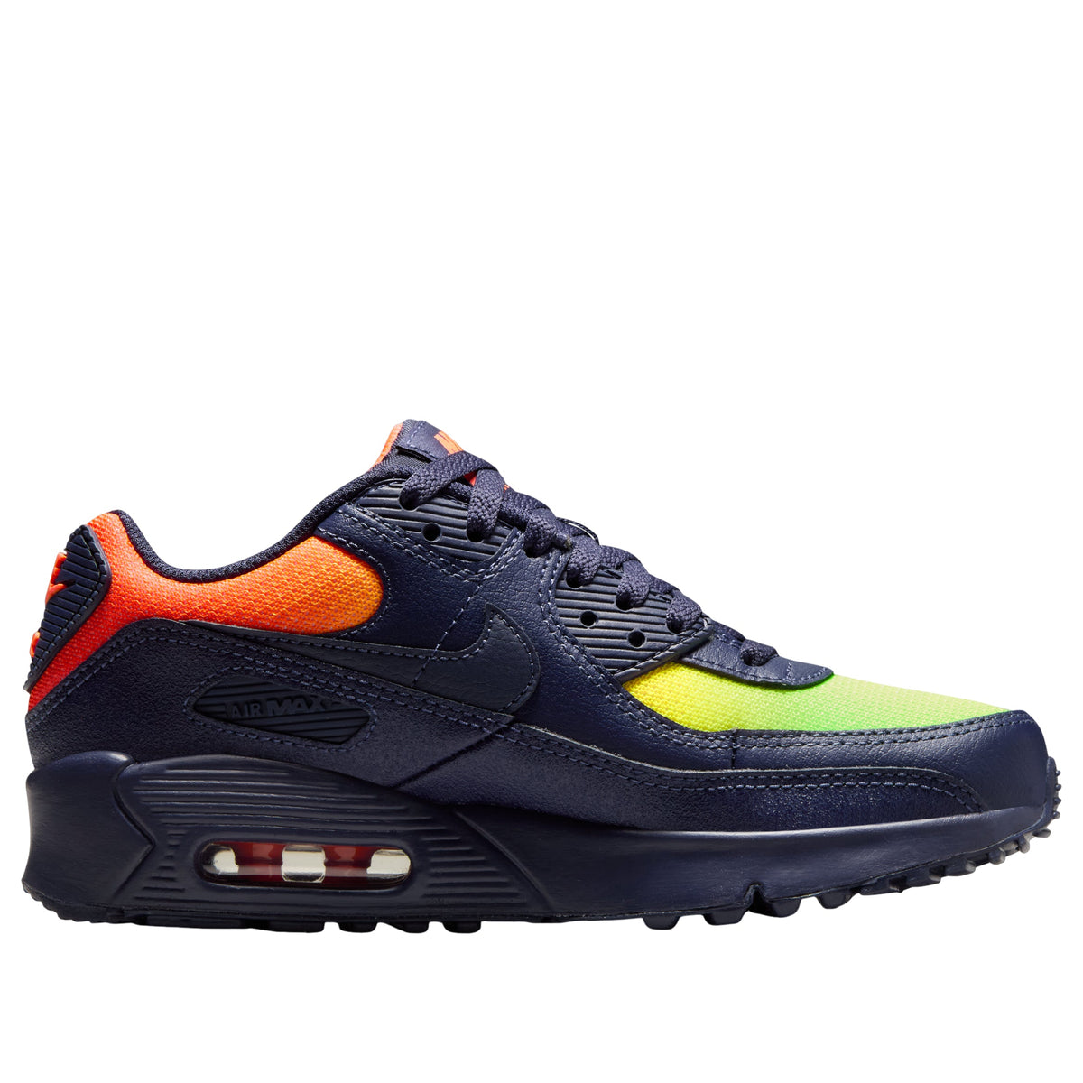Nike Air Max 90 LTR Lemon Venom Blackened Blue (GS) zijaanzicht met Air Max-zoolunit zichtbaar