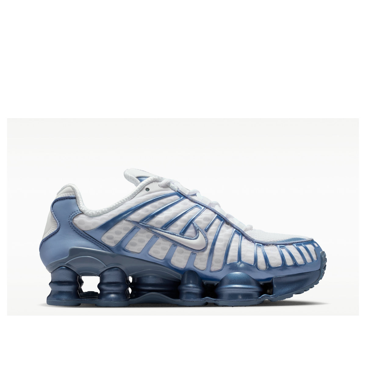 Nike Shox TL White Work Blue profielaanzicht met karakteristieke buisvormige zoolstructuur