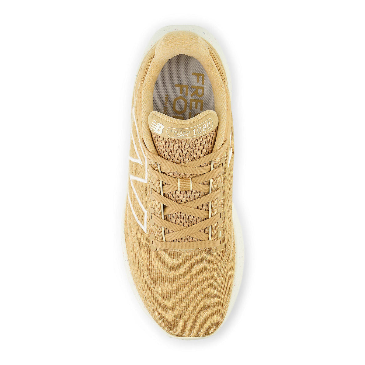 New Balance Fresh Foam X 1080v13 Dolce Sea Salt, bovenaanzicht toont goudkleurig mesh upper met witte zijlogo's