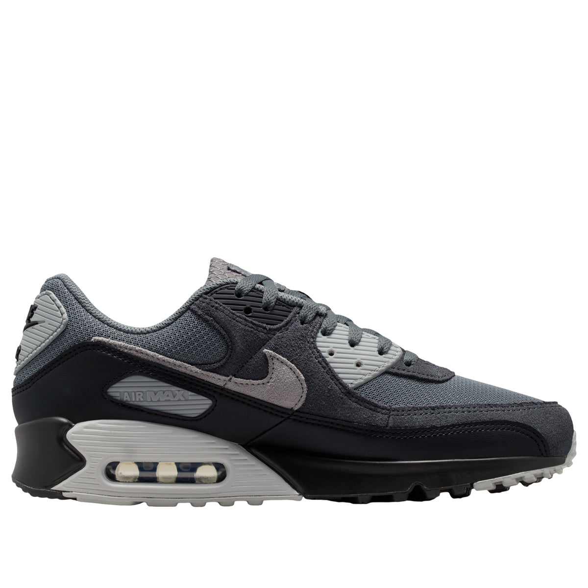 Nike Air Max 90 Smoke Grey Black Photon Dust, zijaanzicht toont zwart en grijs kleurvlak met witte zool