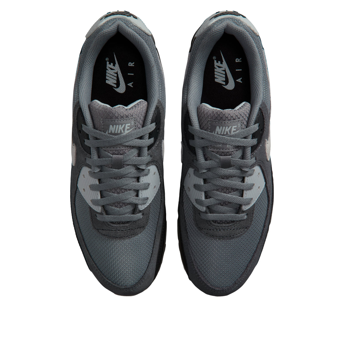 Nike Air Max 90 Smoke Grey Black Photon Dust, bovenaanzicht met grijze veters en Nike Air logo binnenin