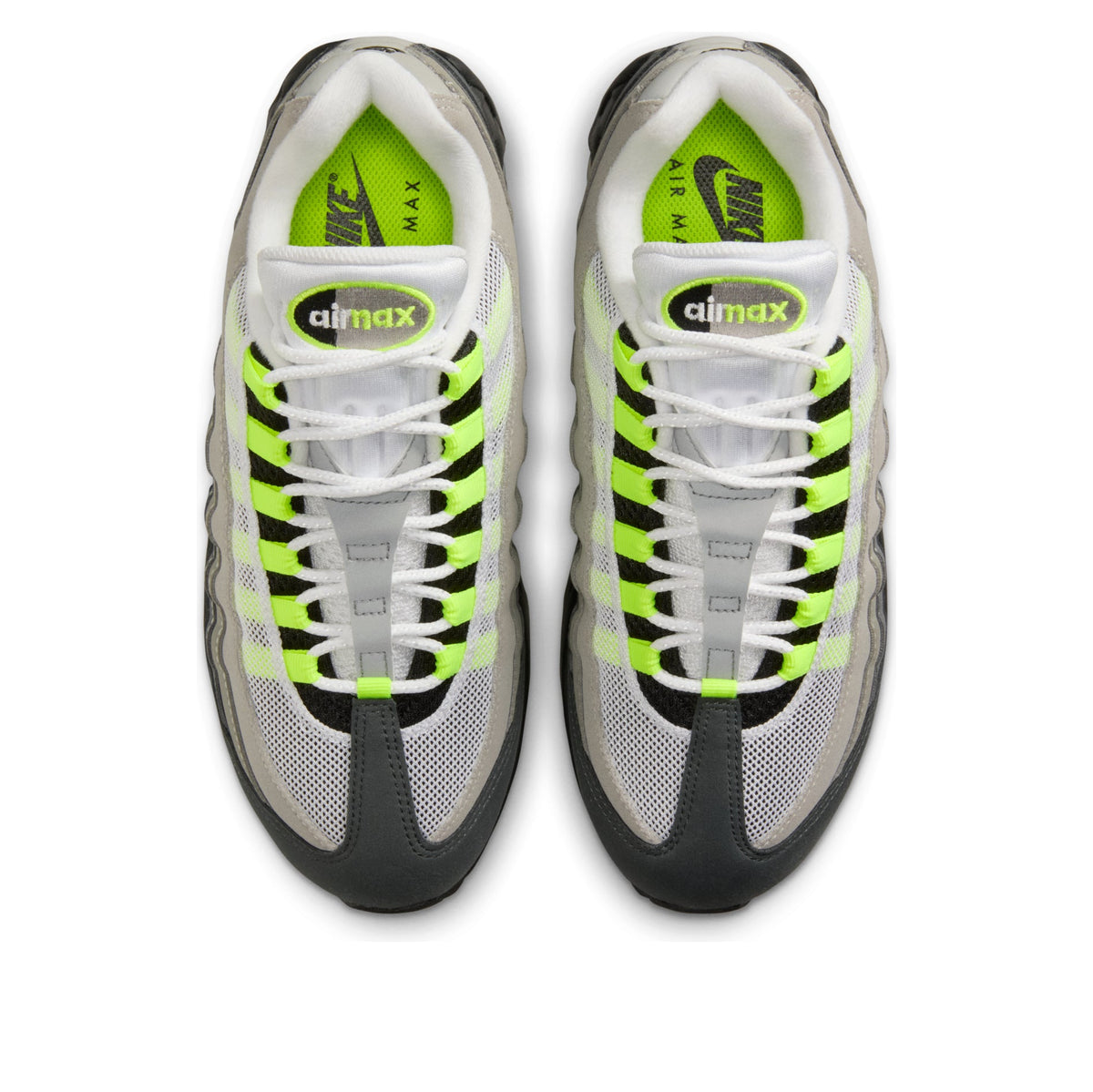 Nike Air Max 95 OG Big Bubble Neon (2026) bovenaanzicht beide schoenen, neon-geel en zwart op wit