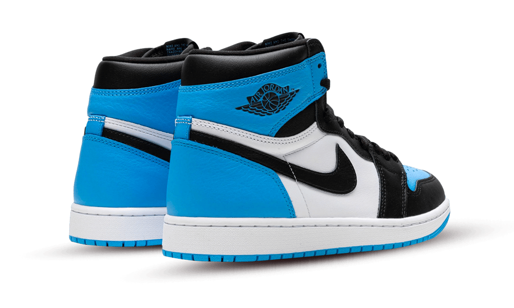 Pair of Nike Air Jordan 1 High OG UNC Toe sneakers in white, black, and Carolina blue, showcasing premium leather and iconic design, exclusive in whole Europe, the real deal.