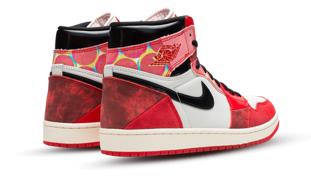Pair of Nike Air Jordan 1 High OG Spider Man Across the Spider Verse sneakers in red, white, and black featuring Spider Man-inspired design elements and exclusive European release branding.