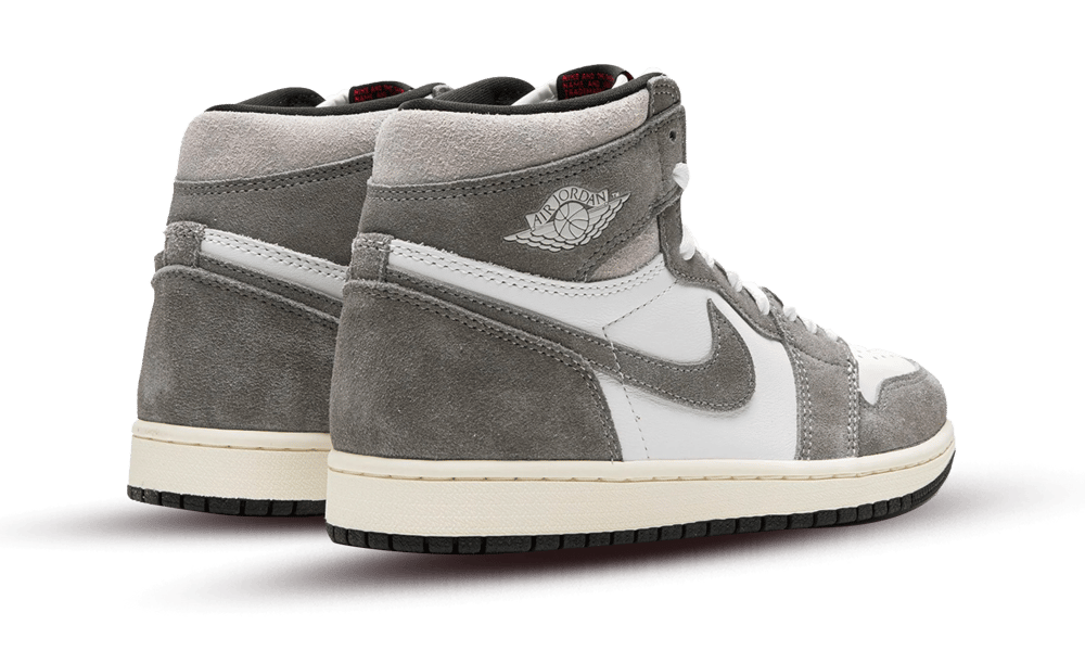 Pair of Nike Air Jordan 1 High OG Washed Black sneakers in gray and white suede with premium stitching, showcasing exclusive European style and the real deal quality.