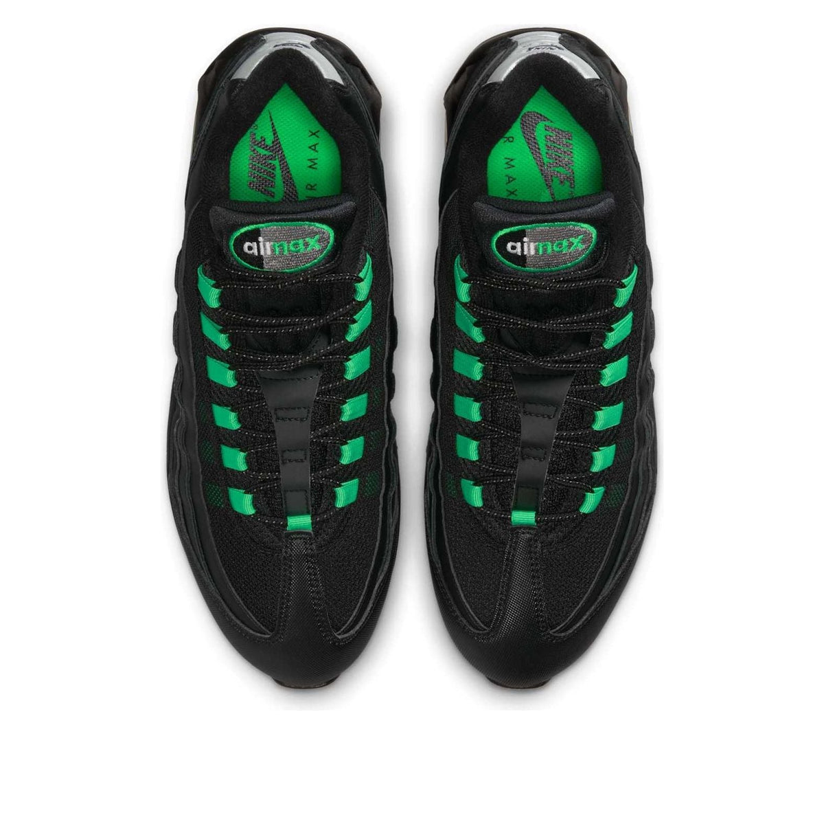 Nike Air Max 95 OG Big Bubble Black Green Shock, bovenaanzicht met groene veter en mesh netwerk