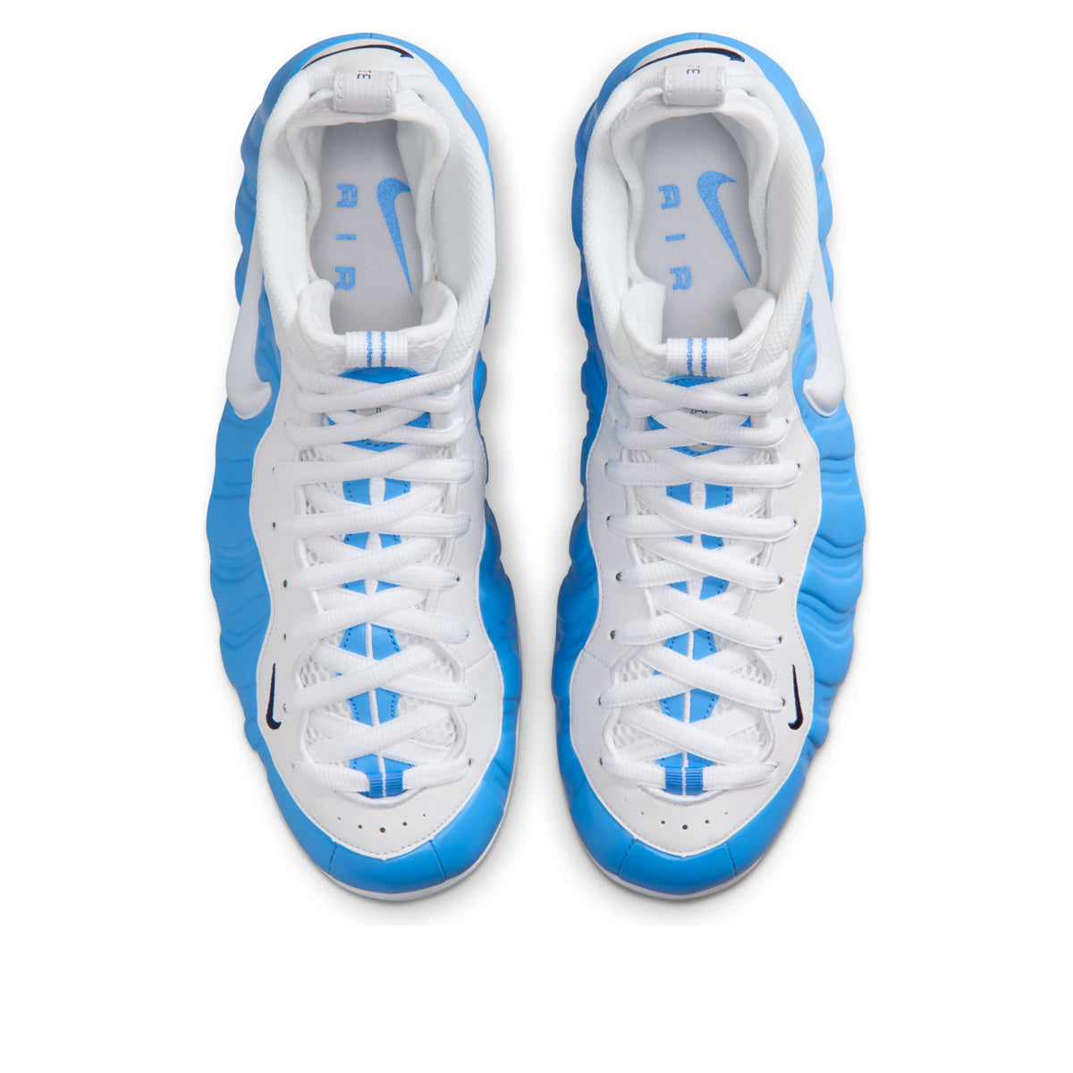 Nike Air Foamposite Pro University Blue, bovenaanzicht paar samen met witte veters en blauwe accenten
