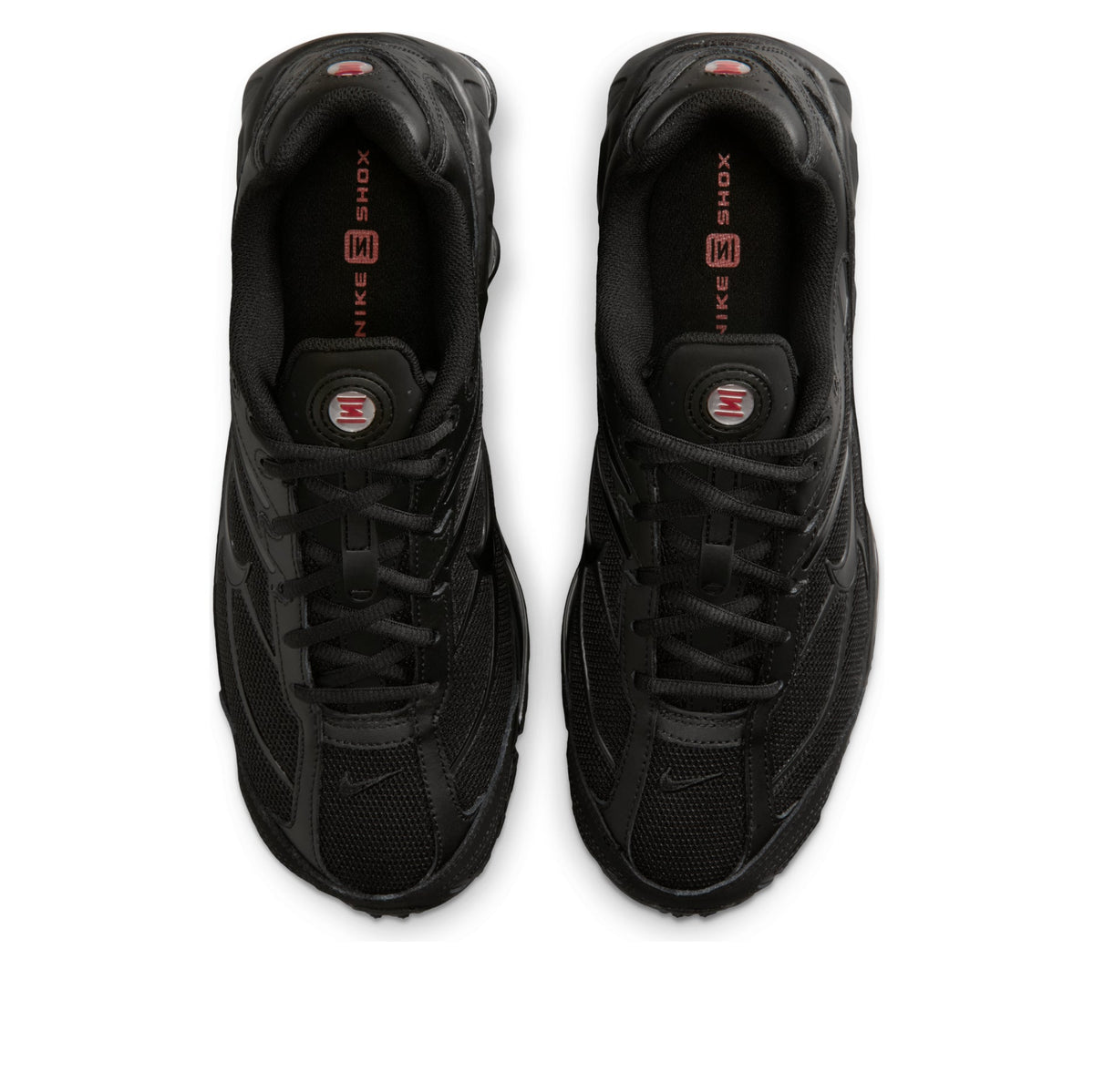 Nike Shox Ride 2 Black bovenaanzicht paar samen, mesh construction met rode logo's