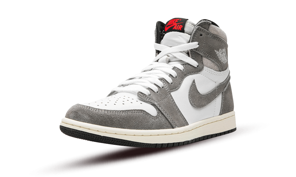 Nike Air Jordan 1 High OG Washed Black sneaker in white and washed black suede with red Nike Air logo on the tongue, designed for exclusive sneaker collectors in Europe.