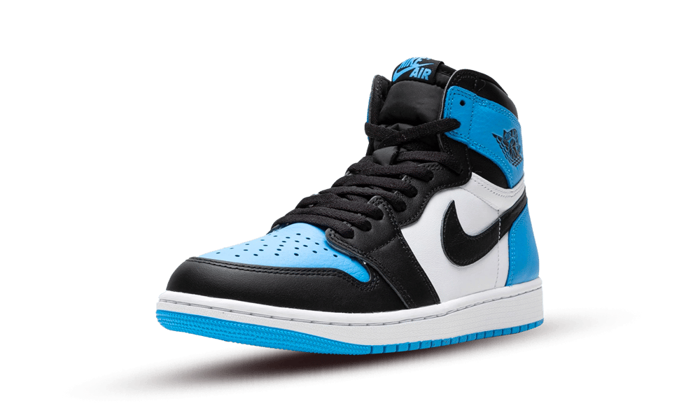 Nike Air Jordan 1 High OG UNC Toe sneaker in blue, black, and white with high-top design and classic Nike swoosh, representing exclusive European sneaker style.