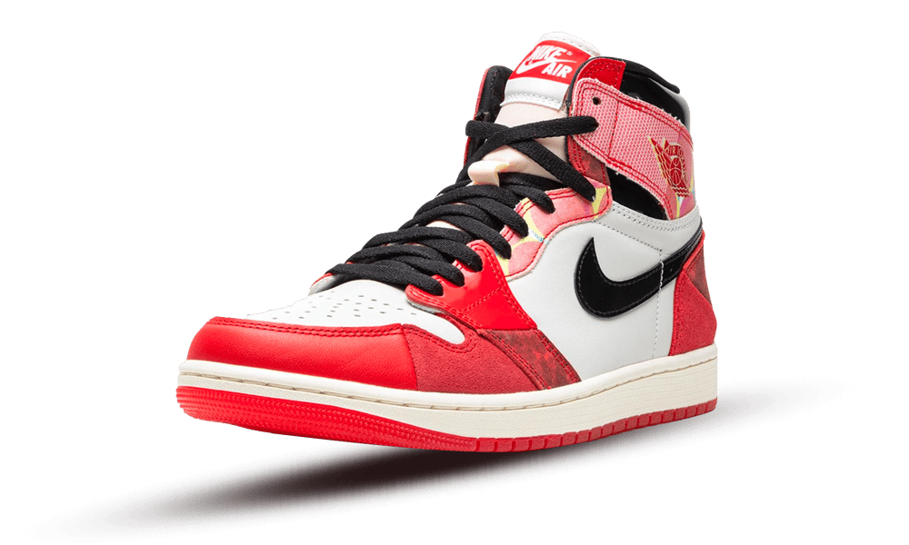 Nike Air Jordan 1 High OG Spider Man Across the Spider Verse sneaker in red, white, and black with premium leather, exclusive design, and bold black logo, the real deal in Europe.