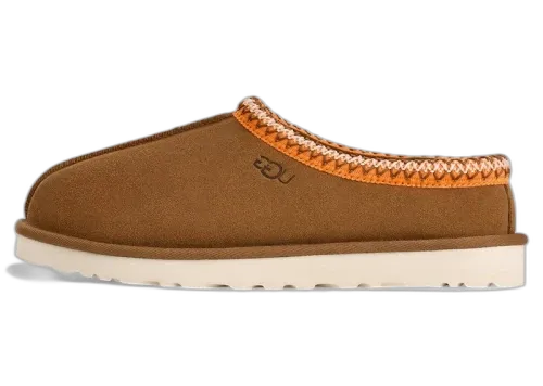 UGG Tasman Slipper Chestnut Bright Melon, zijaanzicht met bruinsuède voorkant, oranje gebreide kraag en crèmekleurige zool