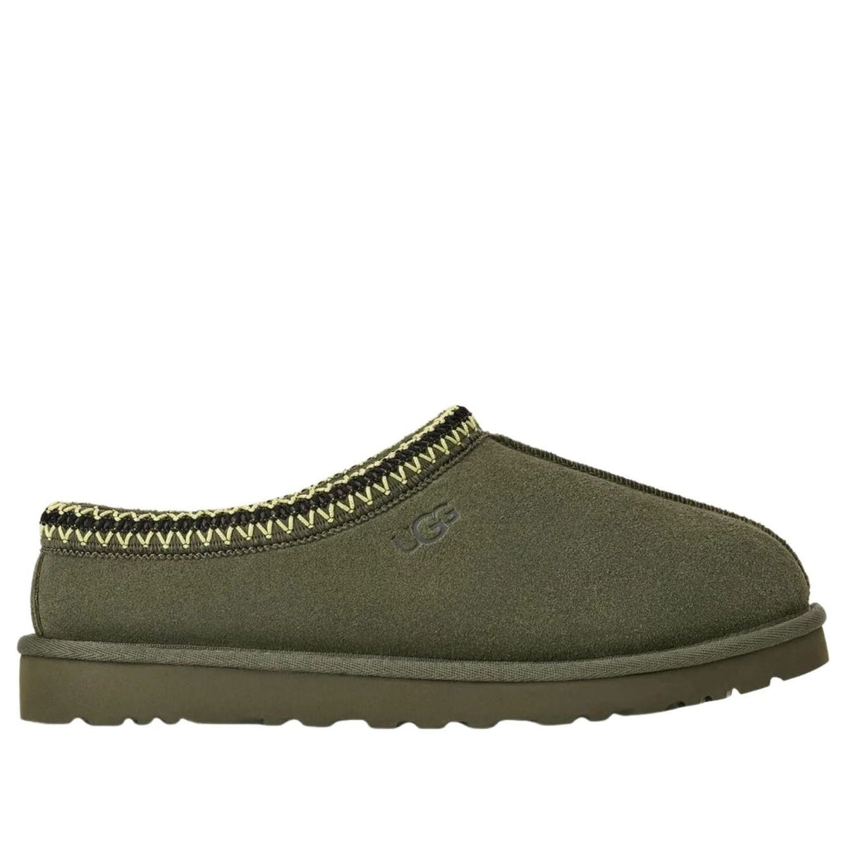 UGG Tasman Slipper Woodland Green, vooraanzicht toont suède constructie en ribbelzool