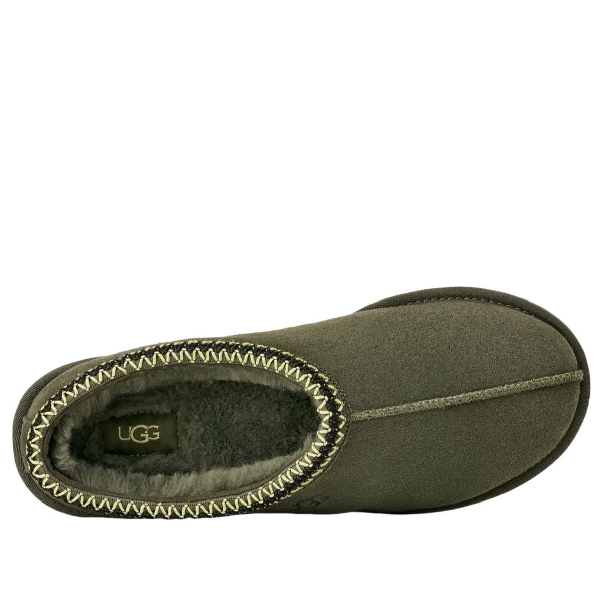 UGG Tasman Slipper Woodland Green, bovenaanzicht met UGG-logo op fluffy voering