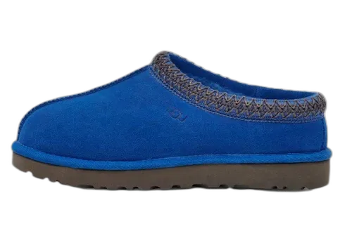 UGG Tasman Slipper Classic Blue (Women's) zijaanzicht, blauwe suède met grijze gebreide kraag en donkere zool
