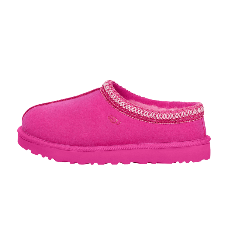 UGG Tasman Slipper Carnation, zijaanzicht van roze pantoffel met gebreide hals en gegroefd zool, vooraanzicht