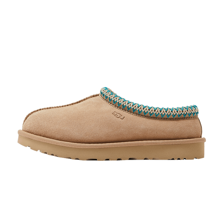 UGG Tasman Slipper zijaanzicht, beige suède met turquoise contraststeek en platformzool