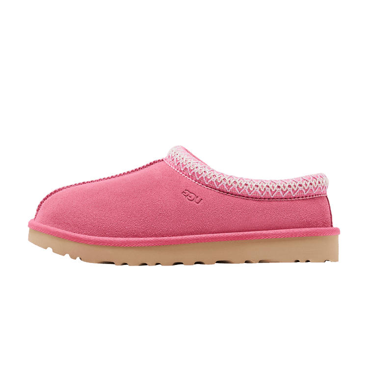UGG Tasman Slipper Pink Rose zijaanzicht met roze suède, gebreide kraag en beige zool