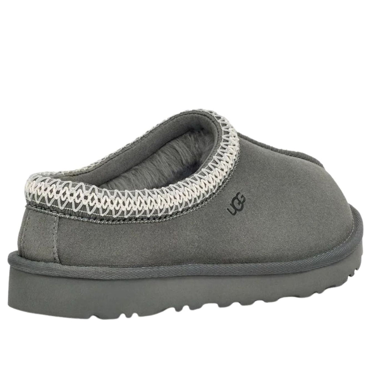 UGG Tasman Slipper Rainstorm, achteraanzicht toont gebreide kraag en UGG-logo op de hiel