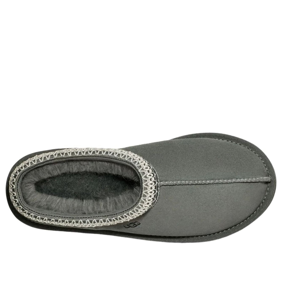 UGG Tasman Slipper Rainstorm, bovenaanzicht van grijze pantoffel met gebreid knoopornament