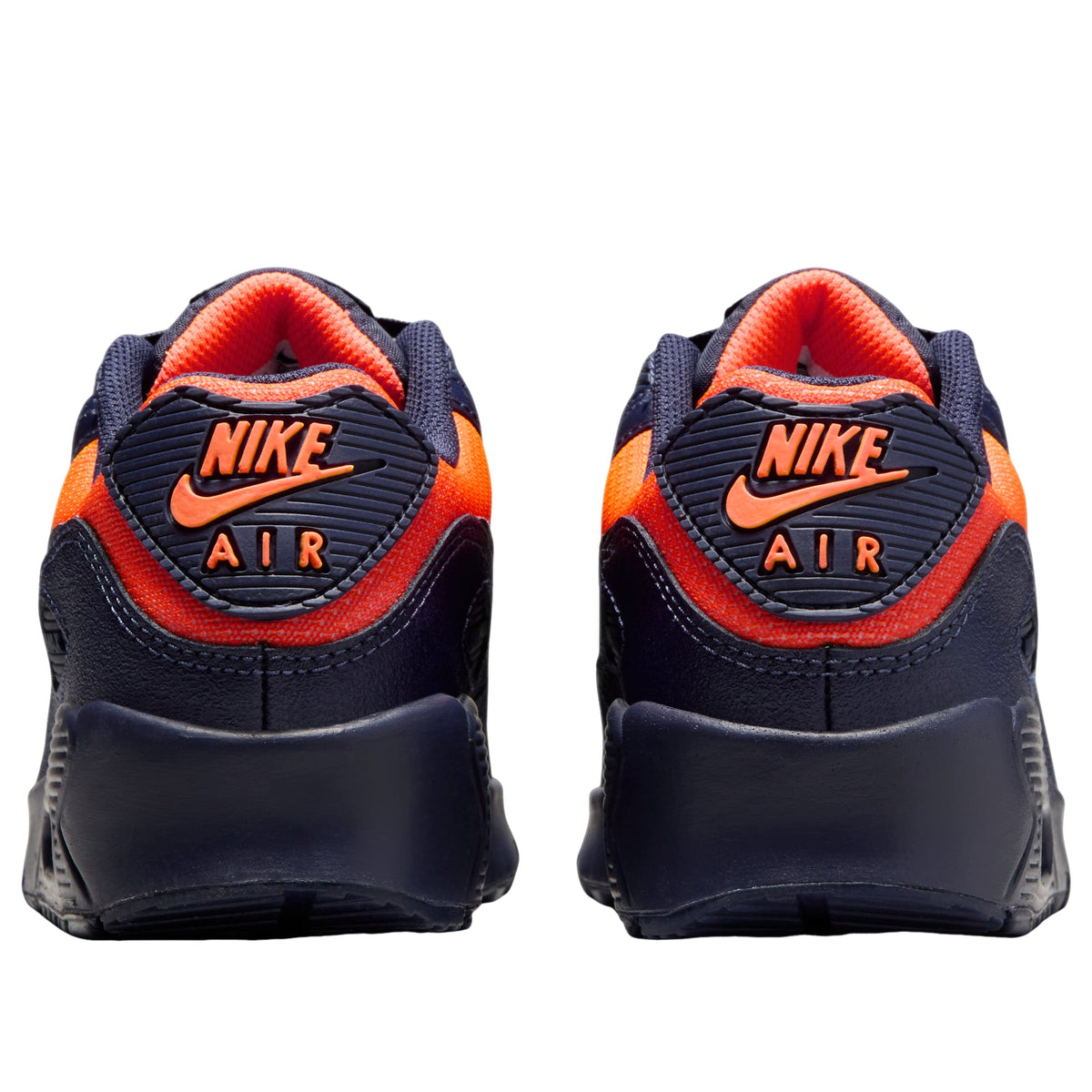 Nike Air Max 90 LTR Lemon Venom Blackened Blue (GS) achteraanzicht, NIKE AIR-logo op hiel met oranje en rode details