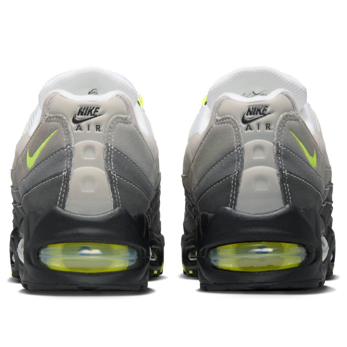 Nike Air Max 95 OG Big Bubble Neon (2026) achteraanzicht met zichtbare neon-gele Air Max zool en Nike AIR branding