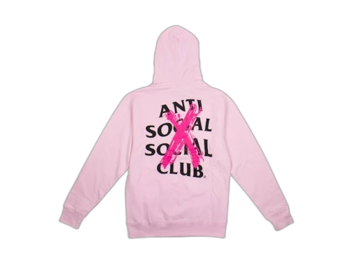 Anti Social Social Club Cancelled Hoodie Pink, achteraanzicht met groot roze grafisch logo en zwarte tekst op roze hoodie