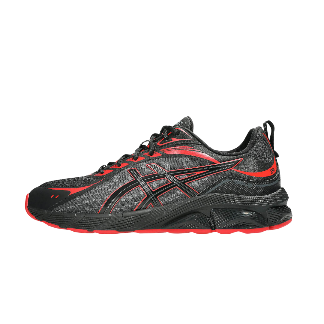 ASICS Gel-Quantum 180 VIII Black Classic Red, zijaanzicht met grijze mesh-upper, rode en zwarte stiksels, zwarte zool