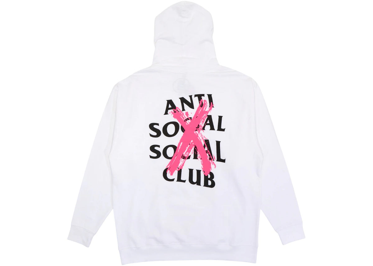 Anti Social Social Club Cancelled Hoodie White, achteraanzicht detailfoto van het roze X-logo op rug