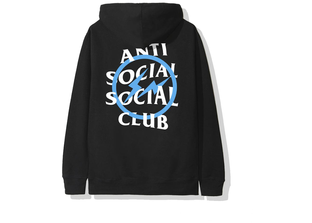 Anti Social Social Club x Fragment Blue Bolt Hoodie (FW19) Black, achteraanzicht met groot blauw logo en smileyprint