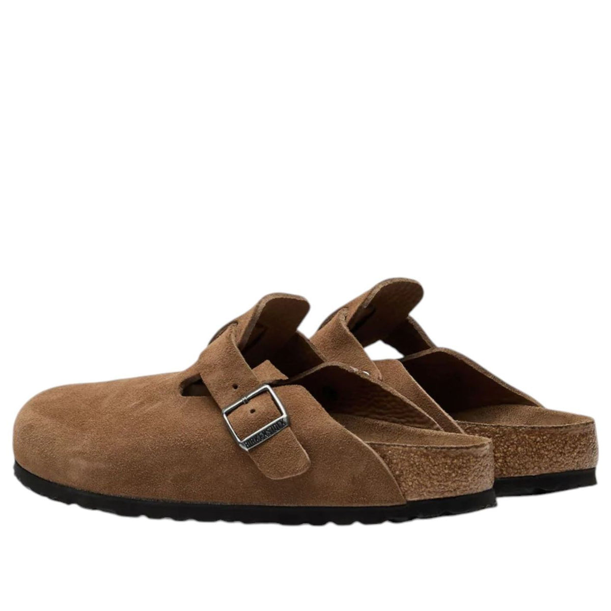 Birkenstock Boston Soft Footbed Sandal 'Dark Tea', achteraanzicht met open achterkant en kurk voering