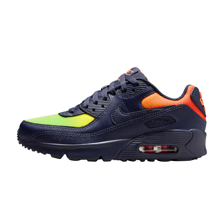 Nike Air Max 90 LTR Lemon Venom Blackened Blue (GS) zijaanzicht, donkerblauw met fluorgele en oranje kleurvlakken